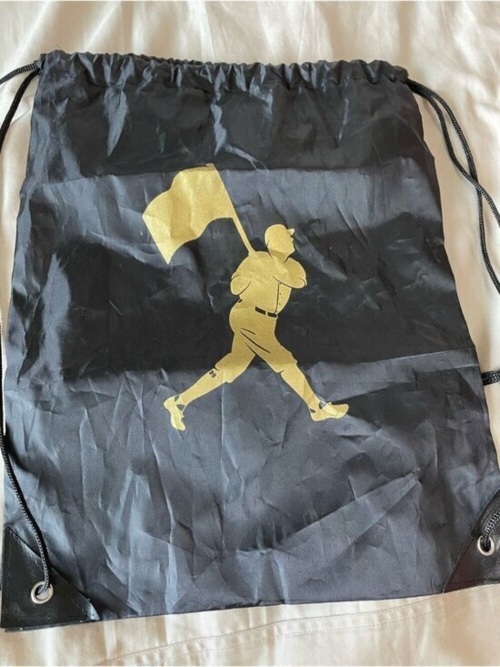 Black Drawstring bag cinch sack with gold graphic NWOT